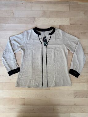 Women's-Inspired Neutral Long Sleeve Blouse with Black Trim